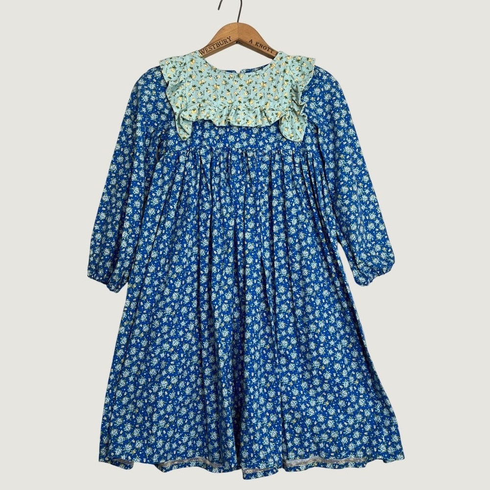 Handmade Girls Blue Floral Ruffle Bib Dress Cottagecore Prairie Long Sleeve